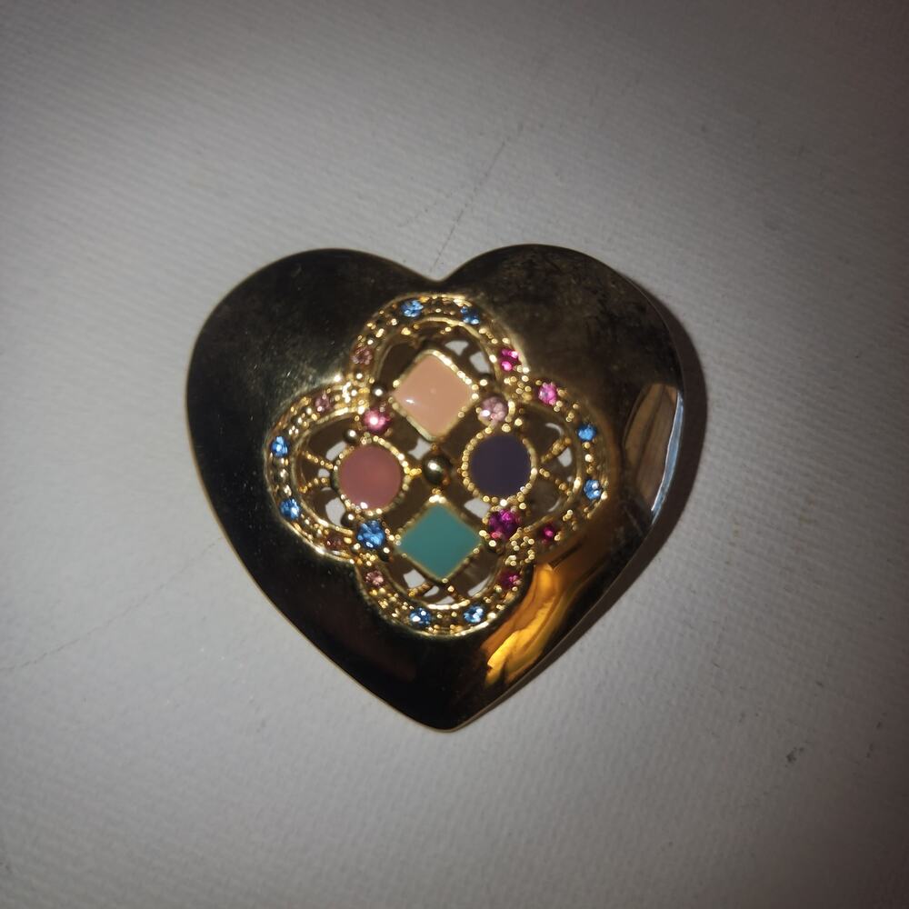 VINTAGE HARTBROCHE GOLD HEART MULTICOLOR RHINESTONE BROOCH PIN